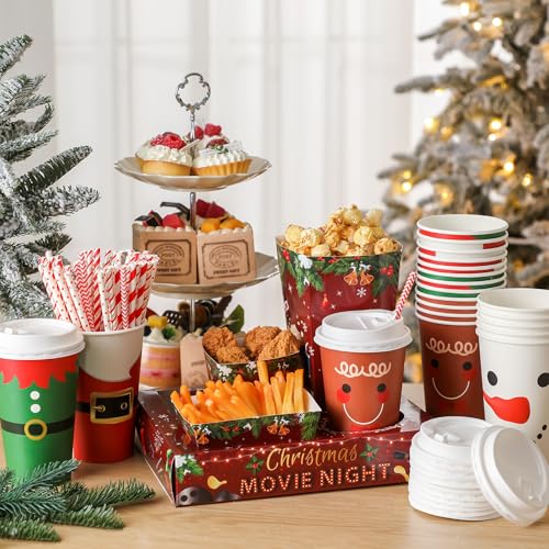 Christmas Movie Night Snack Tray Set Snow - 24 Sets with Cups & Accessories