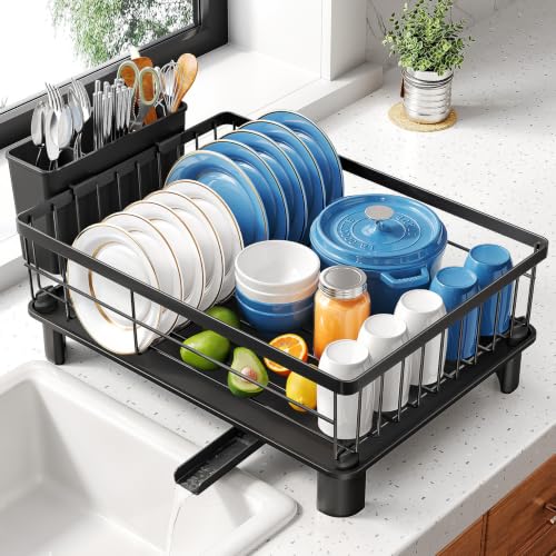 Dish Drying Rack for Small Kitchen Counter - Black, 12.9 x 16.9 Inches - Space Saving & Rust-Resistant
