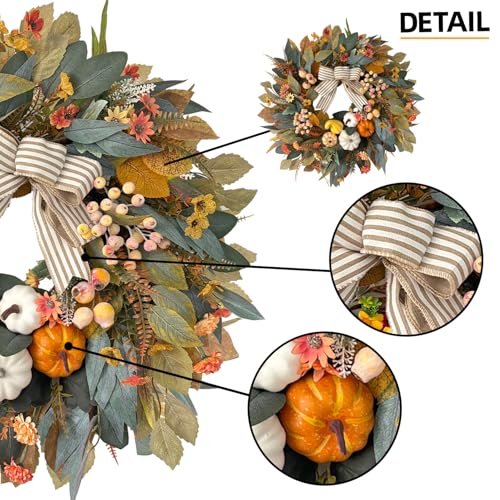 Fall Wreath for Front Door - 24 Inch Pumpkin & Eucalyptus Farmhouse Decor - Variation 09-Farmhouse