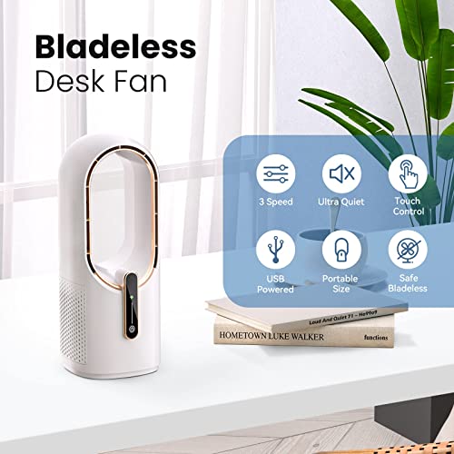KONSIDEN Bladeless Desk Fan 11.8 Inch Touch Control Quiet Office Fan White/Gold