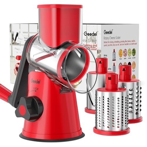Geedel Red Rotary Cheese Grater Hand Crank with 3 Blades for Cheese & Vegetables