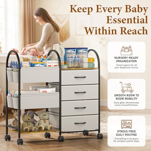 Nylaira Grey Baby Diaper Caddy Organizer Cart with Wheels - 4-Tier Nursery Storage