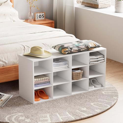 Aenuert 12-Cubby Shoe Rack, 3-Tier Wood Organizer, Multifunctional