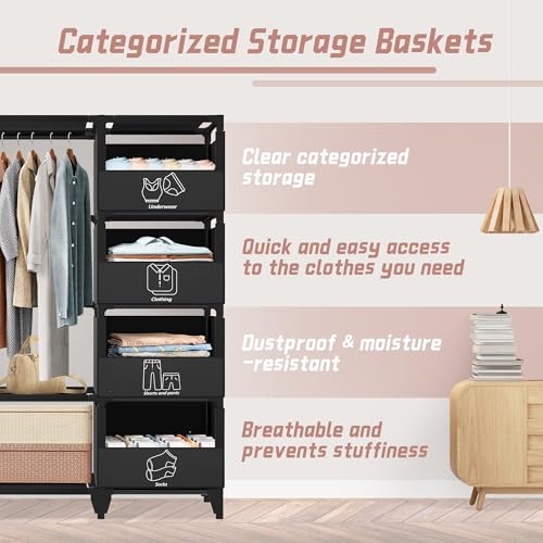 Jofuler Black 50 Inch Portable Closet Wardrobe with 4 Baskets & 2 Hanging Rods