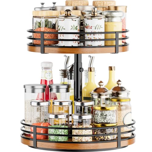 Adjustable 12 Inch 2 Tier Wooden Lazy Susan Turntable Organizer for Kitchen & Home Storage