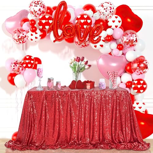 QueenDream 90x156 Red Sequin Tablecloth – Rectangular Glitter Party Cover