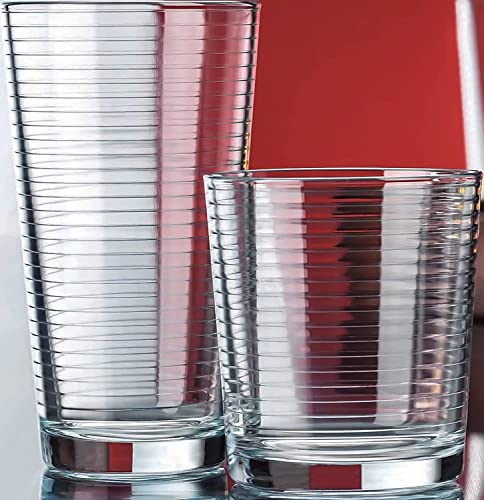 Set of 16 Heavy Base Ribbed Drinking Glasses - 8 Highball & 8 Rocks Glasses, Clear Durable Glassware