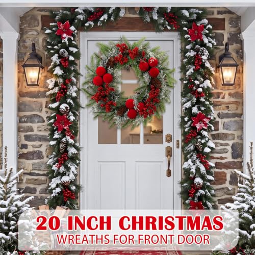 Wavyknot 20inch Christmas Wreath for Front Door - Luxury Pine, Burgundy Velvet Balls & Cedar