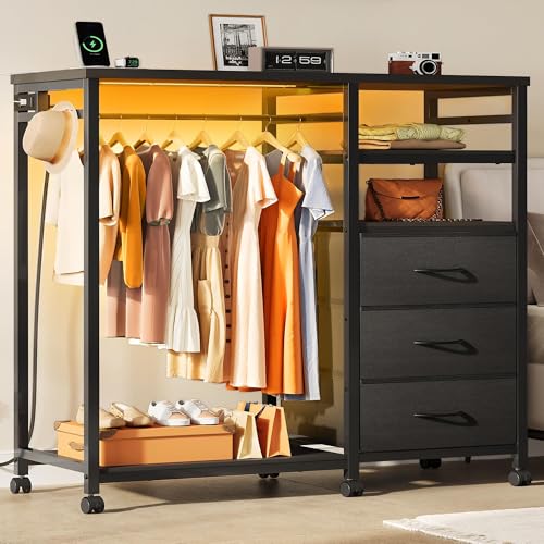 WLIVE Black LED Dresser with 3 Drawers & Hanging Rack, Bedroom Storage