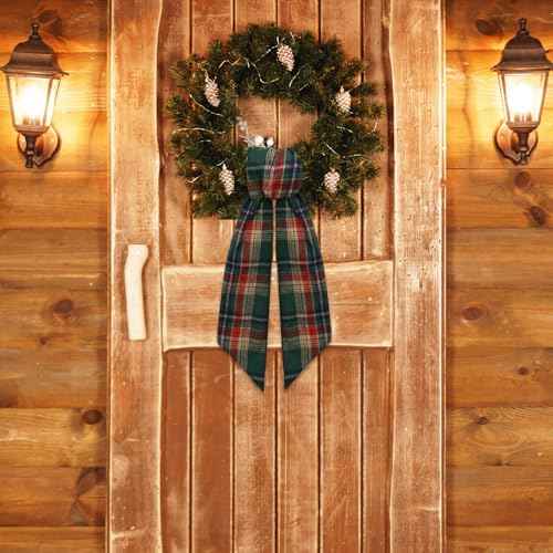 Christmas Wreath Sash for Front Door, Green Red Plaid Burlap Ribbon Sash Xmas Holiday Wreath Accessories for Thanksgiving New Year Decorations