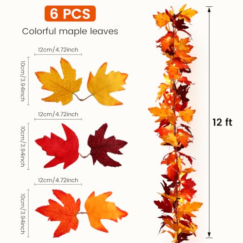 2 Pack 12Ft 50 LED Fall Garland with Lights,8 Modes Waterproof