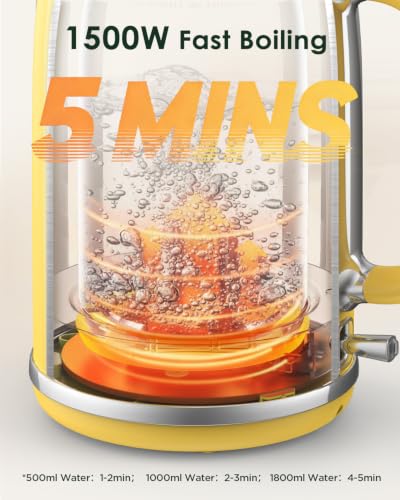 KOIOS 1.8L Electric Kettle with Temperature Gauge - Yellow Retro Design