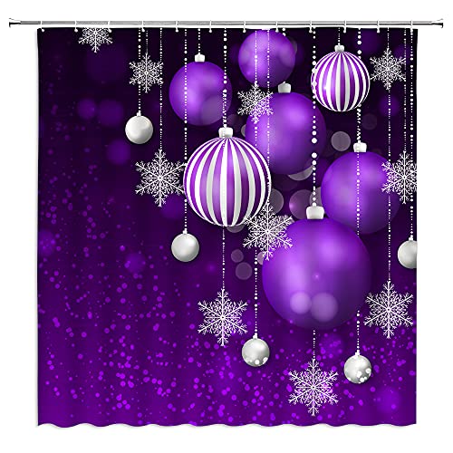 Merry Christmas Shower Curtain Purple Balls Xmas Winter Holiday Happy