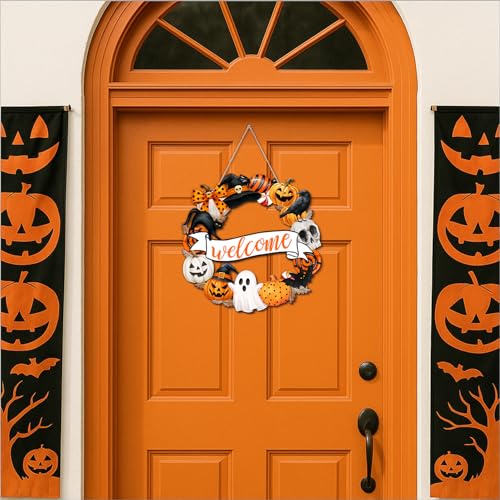 Halloween Decorations Hanging Door Sign Happy Halloween Wooden Door Sign spooky Ghost Bat Black Cat Pumpkin Skull Rustic Welcome Wreath for Tree, Door, Wall, Party Supplies
