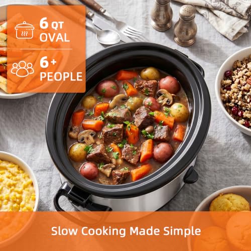 AURYAO Silver 6 Quart Slow Cooker with Locking Lid & Removable Stoneware