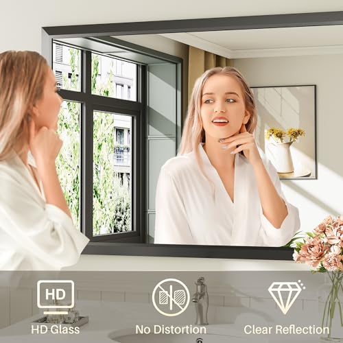 Briivue 40x30 Inch Black Metal Framed Bathroom Wall Mirror - Modern Beveled Design