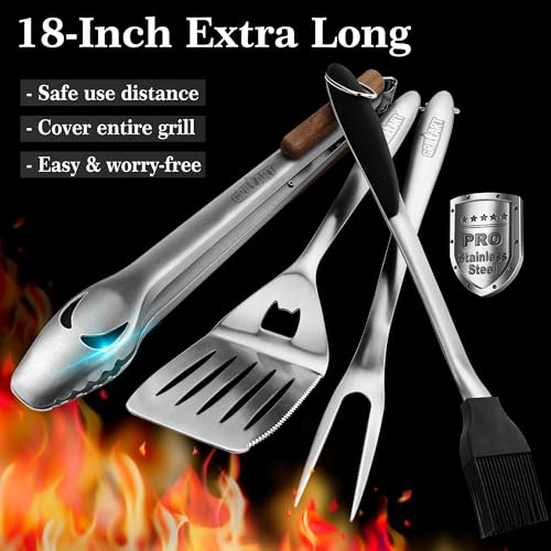 GRILLART Black 18-Inch BBQ Grill Tools Set with Tongs, Spatula, Fork & Brush