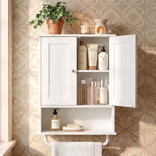 VASAGLE Cloud White Wall Mounted Bathroom Cabinet with Towel Rod, 2 Doors & Adjustable Shelves