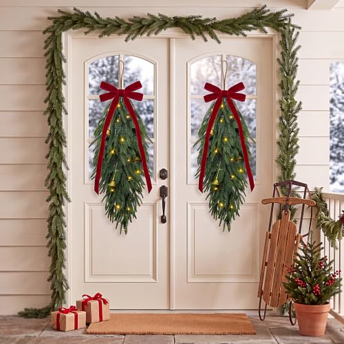 Green 2-Pack 36" Norfolk Pine Christmas Teardrop Swag with LED Lights - Holiday Decor