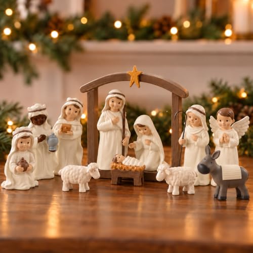 S/12 Nativity Set - Cream Resin Holy Family Christmas Figurines Collection