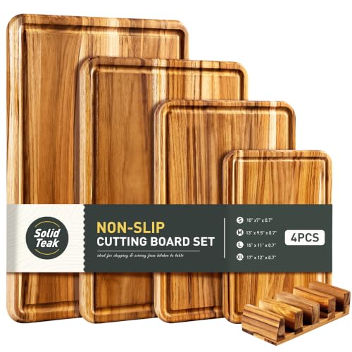 Set of 4 Teak Cutting Boards for Kitchen - Non-Toxic, Durable Wooden Chopping Boards