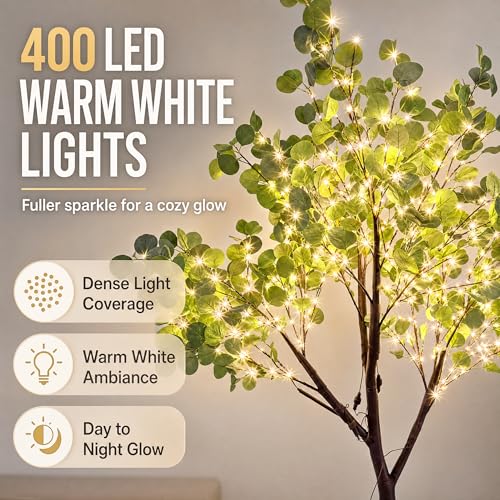 6FT Lighted Eucalyptus Tree with 400 Warm White LED Beads – Green-Eucalyptus