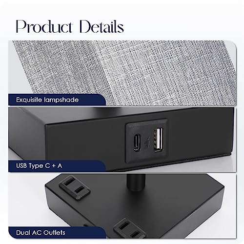 Gray Bedside Table Lamps Set of 2 with USB C+A Charging Ports & Dimmable Touch Control