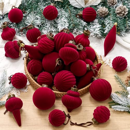 Menkxi 36 Pcs Burgundy Velvet Christmas Ball Ornaments Flocked Finial