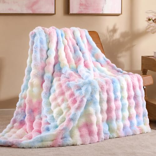 Smoofy Rainbow Faux Rabbit Fur Throw Blanket 50x60 in Bubble Texture for Couch