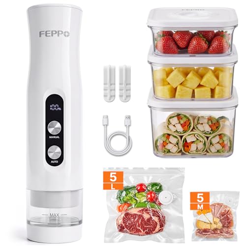 Vacuum Sealer for Food with Containers & Bags - Portable Cordless, 65KPa, Includes 3 BPA-Free Containers & 10 Bags - Variation of Sealer+3 Containers+10 Bags (L+M)