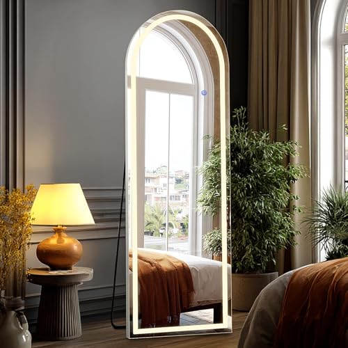 White Arched LED Full Length Floor Mirror 60x16 Inch Modern Full Body Wall Mirror