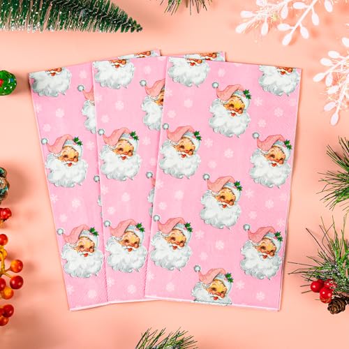 Pink Christmas Paper Napkins with Santa Claus & Snowflakes - 100 Pack