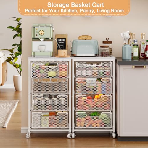 White 4-Tier Kitchen Storage Cart with Drawers and Wooden Top - Fruit and Vegetable Organizer with Wheels