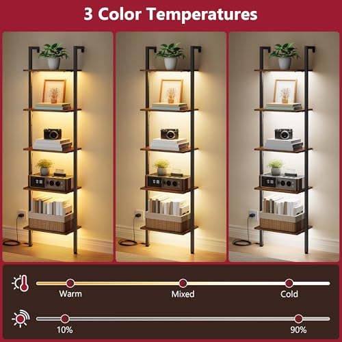 Wall Mounted Ladder Bookshelf with Light - Rustic Brown, 5 Tiers