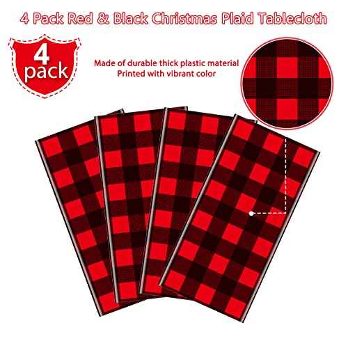 4 Pack Christmas Buffalo Plaid Party Tablecloth Decorations, Disposable Waterproof Red and Black Lumberjack Checkered Plaid Table Cover Backdrop for Christmas Winter Holiday Party Supplies, 54x108Inch