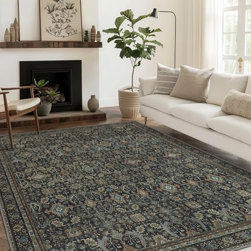 Black 8x10 Washable Area Rug for Living Room, Vintage Boho Non-Slip