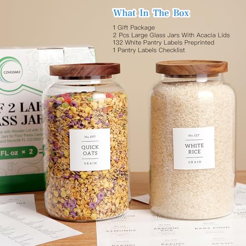 2800ml Glass Food Storage Jars Set of 2 with Airtight Acacia Lids & 132 Labels