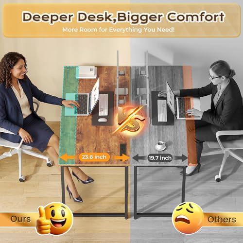 PRAISUN Rustic Brown 47.2 x 23.6 Inch Deep Office Desk with Power Outlets