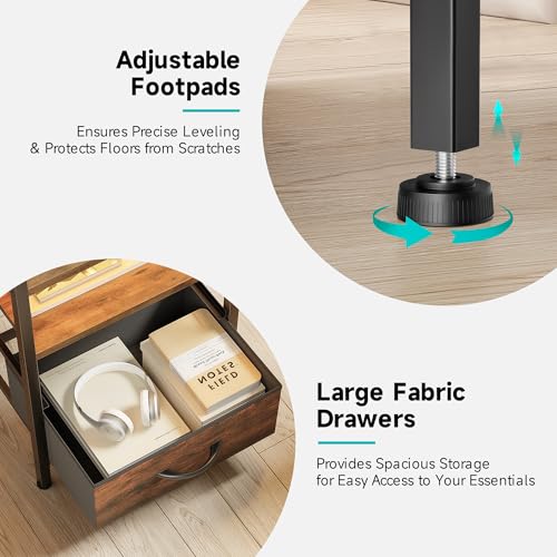 Lazzanto Rustic Brown Nightstand with 4 Drawers, Rear Charging Station & LED Light