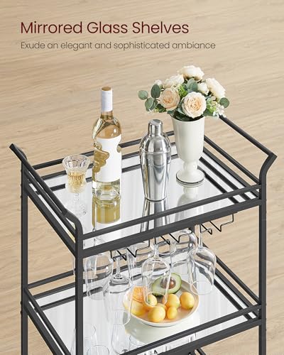 VASAGLE Black 3-Tier Bar Cart with Mirrored Glass Shelves, Portable & Sturdy