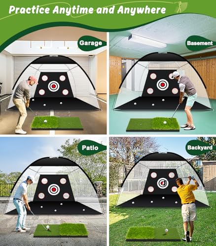 MUVPOH 10x7ft Golf Practice Net with Dual-Turf Mat & Multiple Targets - Indoor & Outdoor Golf Aid