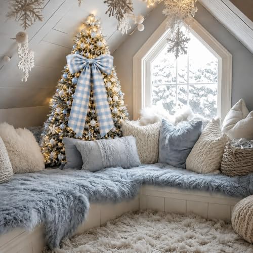 Canlierr Blue 26x39 Inch Christmas Gingham Bow Tree Topper - Large Holiday Decor