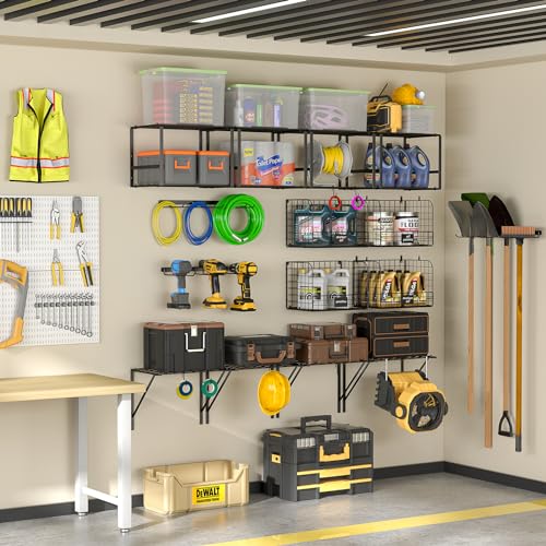 Heavy Duty Wall Mounted Garage Shelf with Wire Baskets & Tool Storage