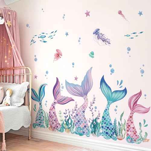 wondever Mermaid Tail Wall Stickers Under The Sea Mermaid Bubble Seaweed Peel and Stick Wall Art Decals for Baby Nursery Girls Bedroom Bathroom