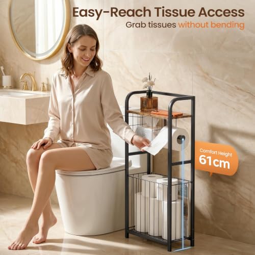Black Freestanding Toilet Paper Holder Stand with Storage Shelf for Small Bathrooms