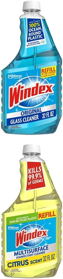 Windex Refill Bundle - 32oz Original Blue Glass Cleaner & 32oz Citrus Scent Disinfectant | Essential Household Cleaners
