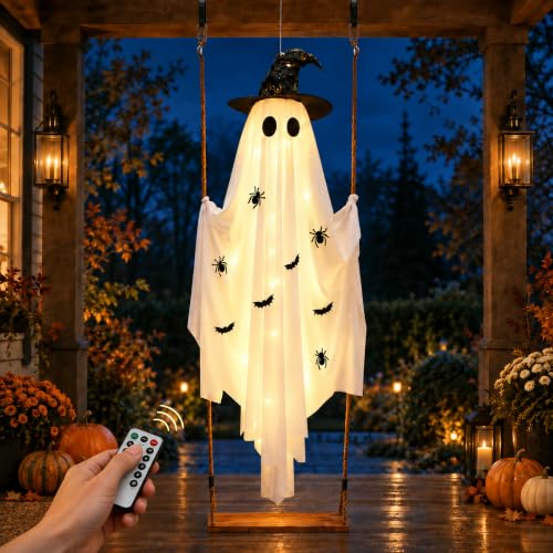 CRILARY White 5.9ft Halloween Swinging Ghost Outdoor Decor with Lights