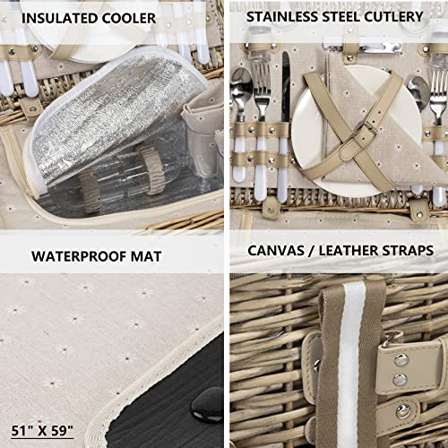 Grey 31-Piece Picnic Basket Set for 4 with Insulated Cooler, Waterproof Blanket & Wine Pouch