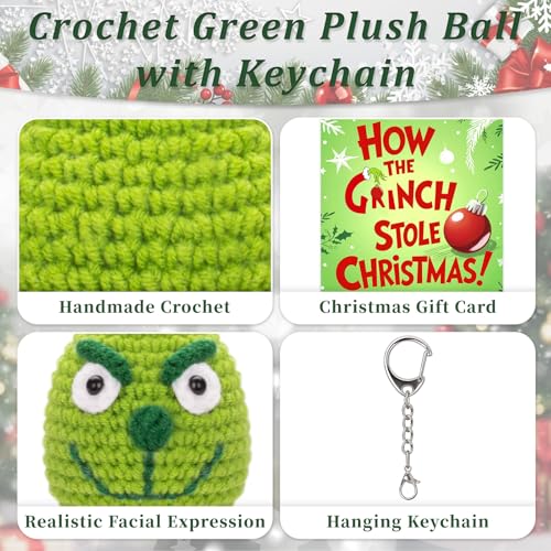 FunisFun Christmas Crochet Green Plush Ball with Keychain - Funny Handcrafted Holiday Ornament for Xmas Trees, Stocking Stuffers & Themed Party Decor