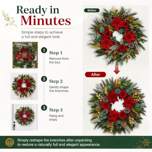 28-Inch Christmas Wreath for Front Door with Red Poinsettia & Rose Accents